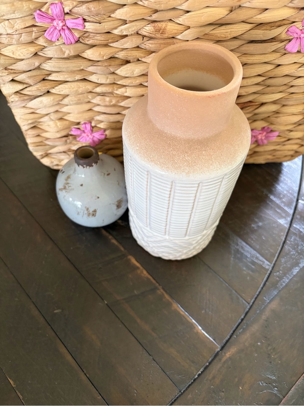 Textured Two-Tone Ceramic Vase in Cream and Tan - Picture 2 of 2
